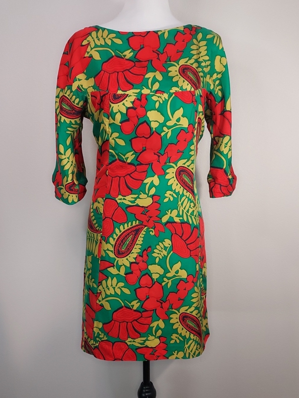 Vintage Milly Green Red Yellow Oversized Floral Print Silk Sheath Dress Size 6